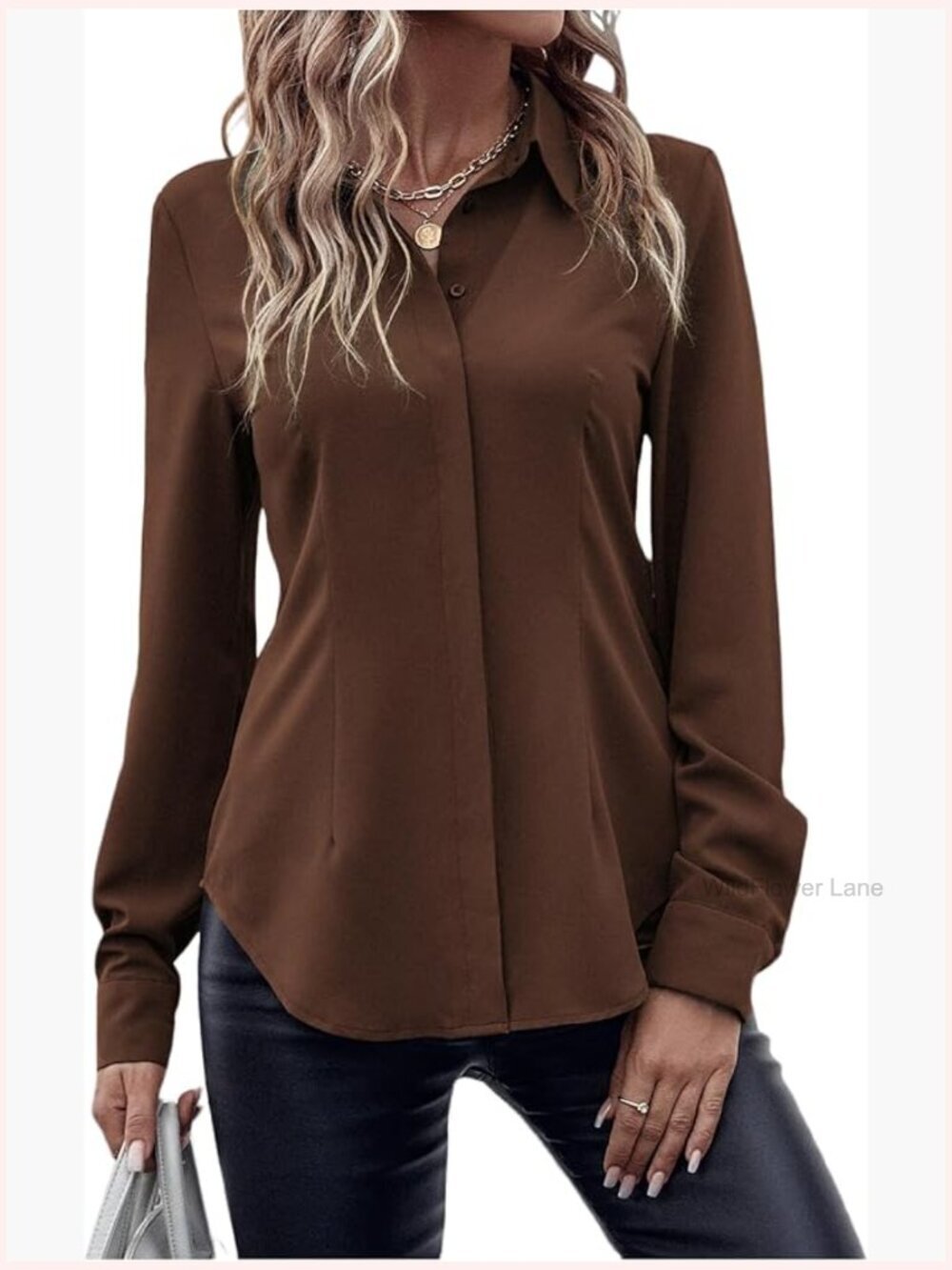 Button Down Long Sleeve Shirt Collared Curved Hem Dressy Casual Blouses Work